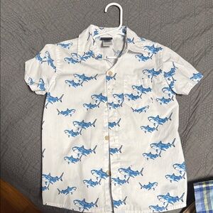 Kids Shark Print Button-Up Shirt - Blue and White